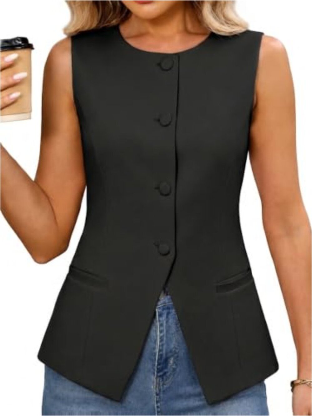 High Stretch Sleeveless Button Down Knit Vest Top Business Casual Suit Blazer